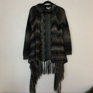Long Knit Open Cardigan W/ Fringed Hem Small